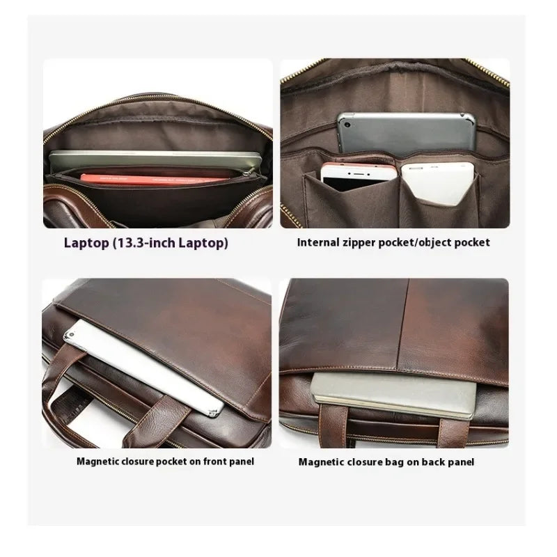 Men's Top Layer Cowhide Briefcase Leather Laptop Handbag Diagonal Cross Office Bag Сумка Мужская Деловая bolsos para hombre