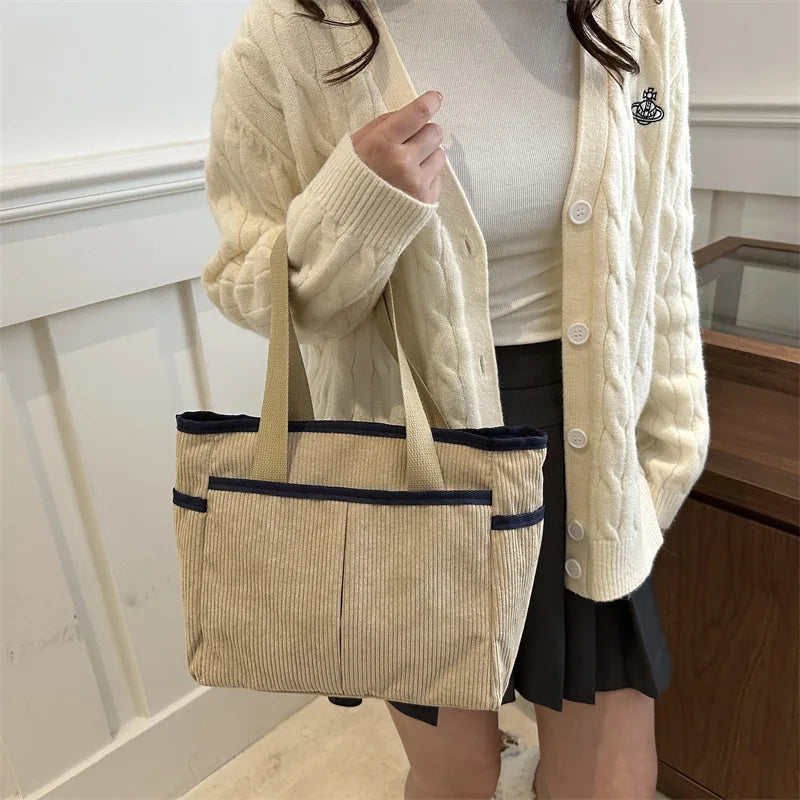 Large Capacity Tote Bags for Women Vintage Corduroy Shoulder Ladies Underarm Bag Casual Shopping Female Handbag with Side Pocket