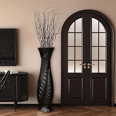 Elegant Large Black Ceramic Floor Vase, 30 Tall, Handcrafted for Home Decor, Living Room, Feather Pattern, Wide Decorative Vase