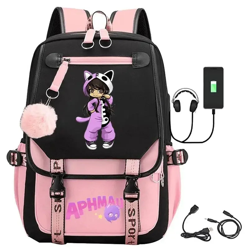 Aphmau print backpacks fashion USB charging school bags for teenage girls laptop bag cartoon bookbag students rucksack