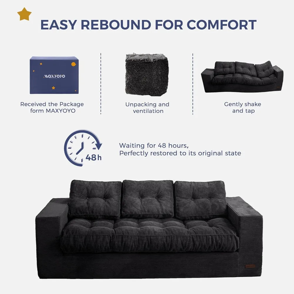 3 Seater Couch for Living Room, Boneless Couch with Tufted Cushion & Backrest, Upholstered Floor Sofa with Armrests, Sofa in A