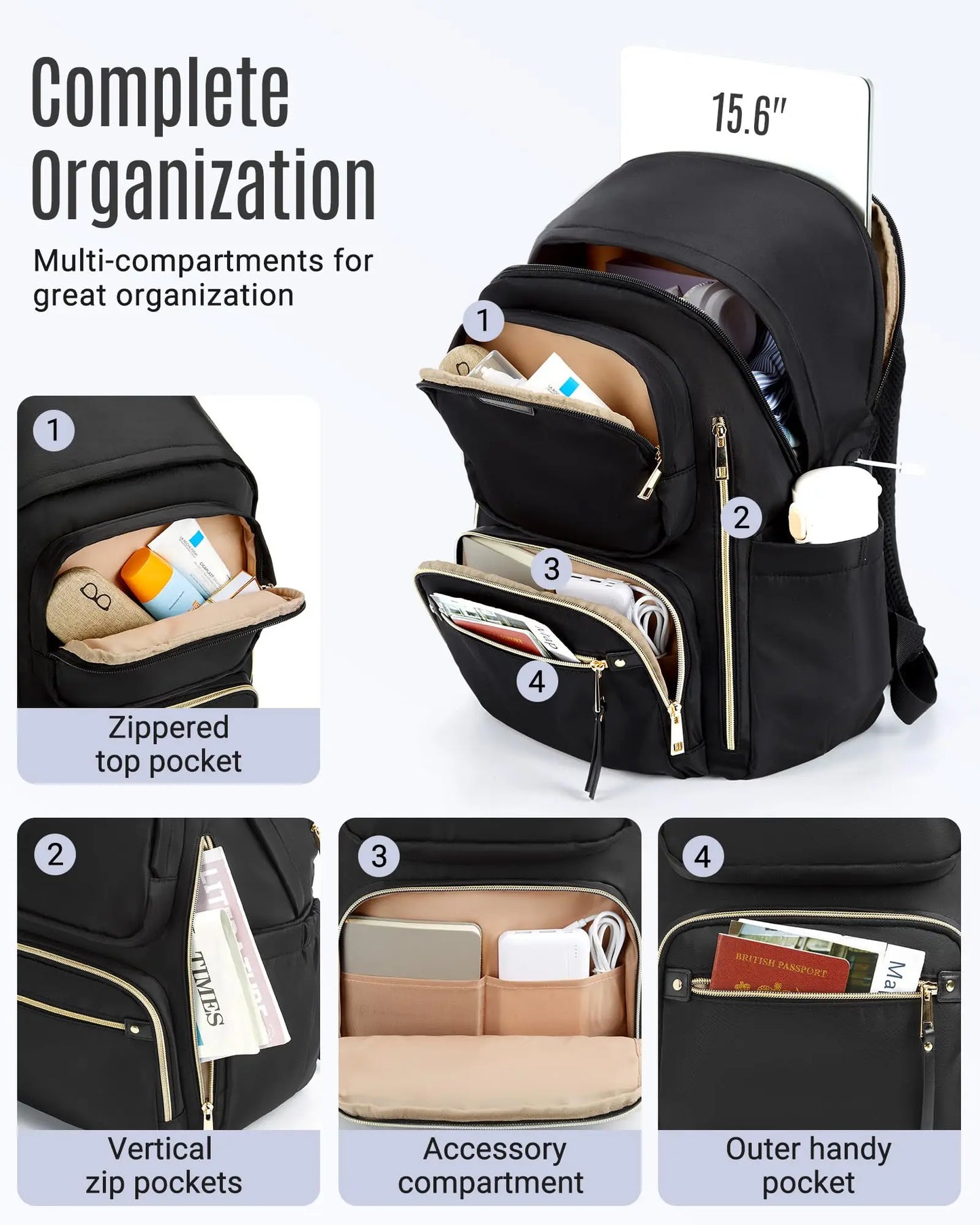 LIGHT FLIGHT Bags for Women Water-Resistant Laptop Backpack for 15.6 Inch Large Capacity Stylish Bookbag with USB Port