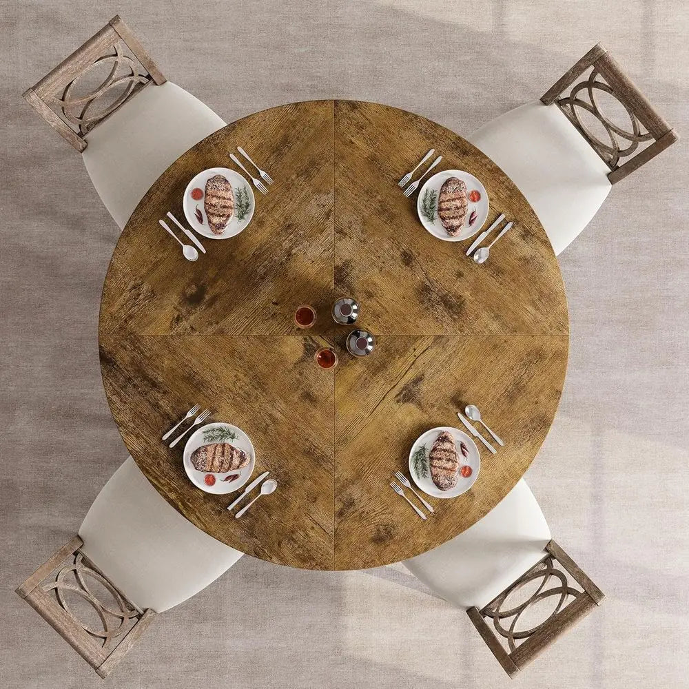 Rustic Brown 47 Inch Round Dining Table with Wooden Top and Metal Base for 4, Suitable for Kitchen or Living Room