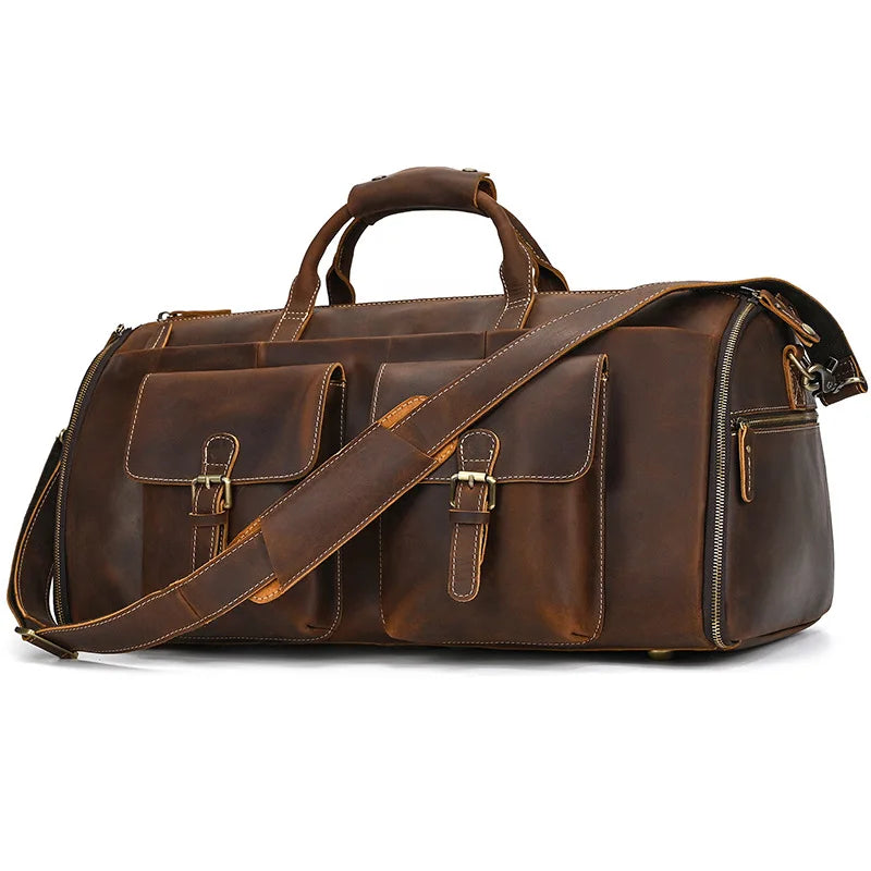 Top Quality Mens Leather Travel Bag Man Male Duffle Bag For Suits Foldable Weekend Bag Suit Bags Crazy Horse Leather Men Handbag