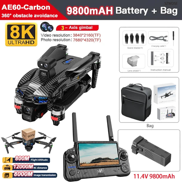 AE60 GPS Drone 8K Professional HD Camera Brushless 3-Axis Gimbal 12KM Obstacle Avoidance Large Screen 5G FPV Dron RC Quadcopter
