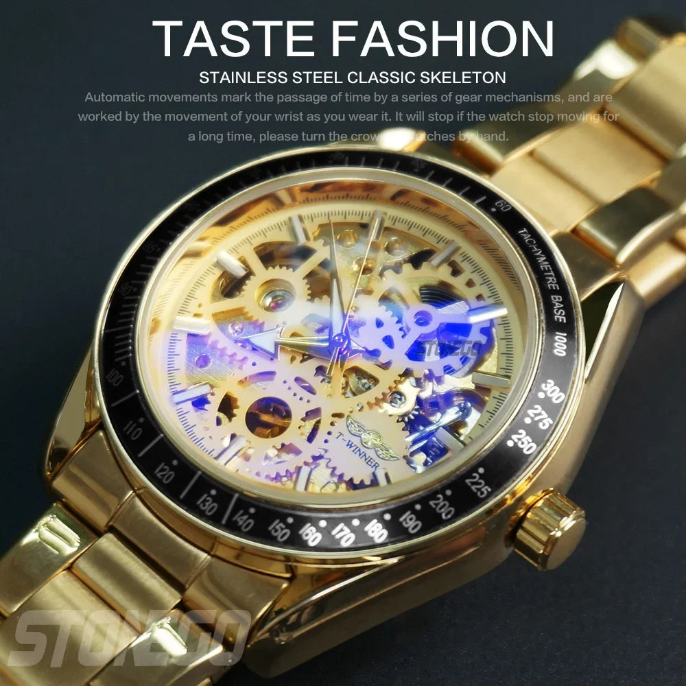 Women’s Automatic Mechanical Skeleton Watch Self-Winding Gold Plated Dress Watch Water Resistant Luxury Timepiece