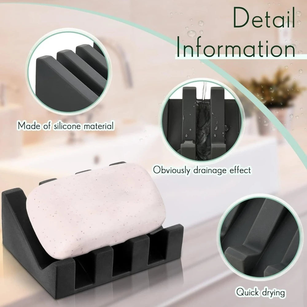 Silicone Self-Draining Soap Dishes with Waterfall Design Rectangular Soap Holder Trays with Drainage for Bathroom Accessories