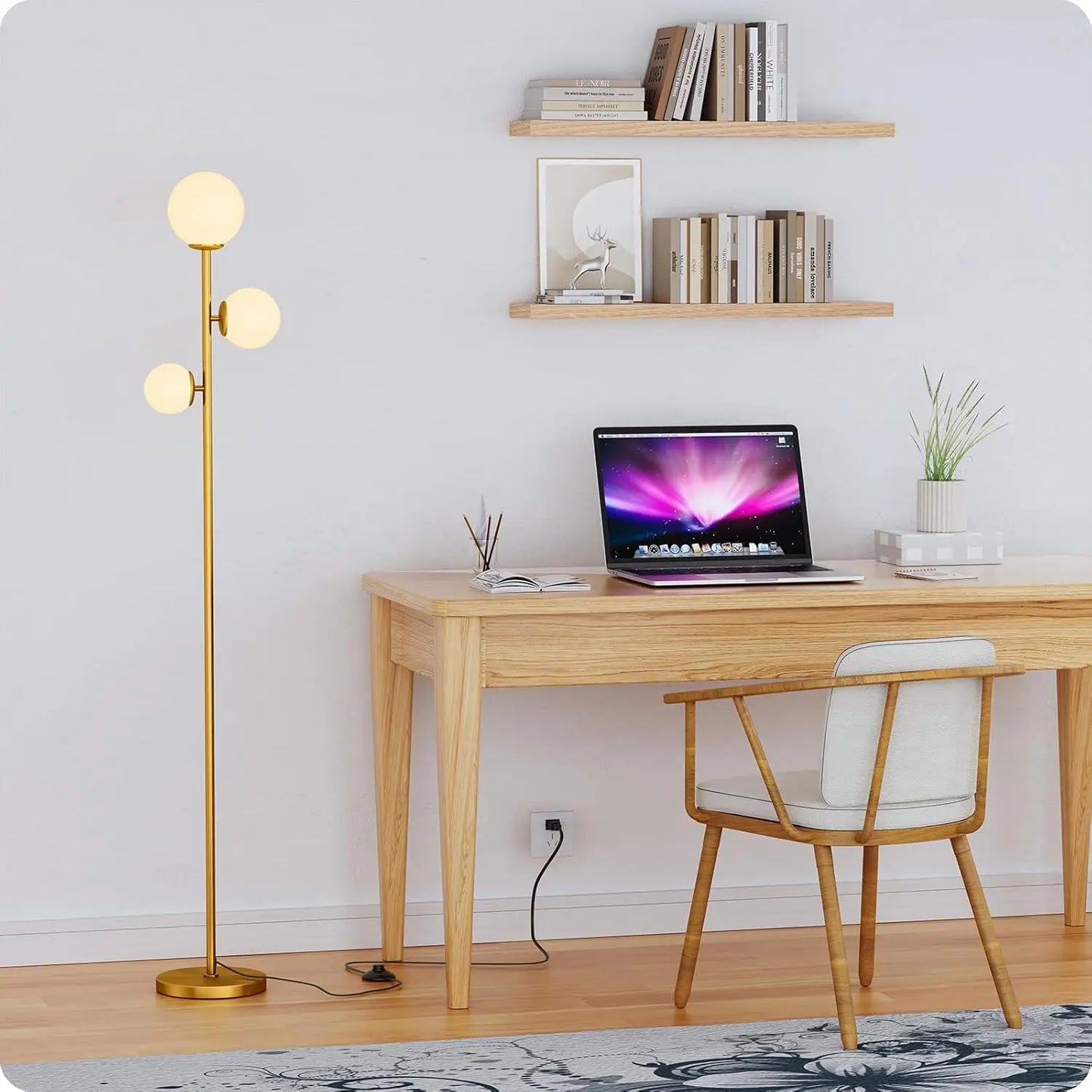 Floor Lamp with 3 Frosted Glass Shades, LED Floor Lamp for Living Room Bedroom Office, Gold with Foot Switch