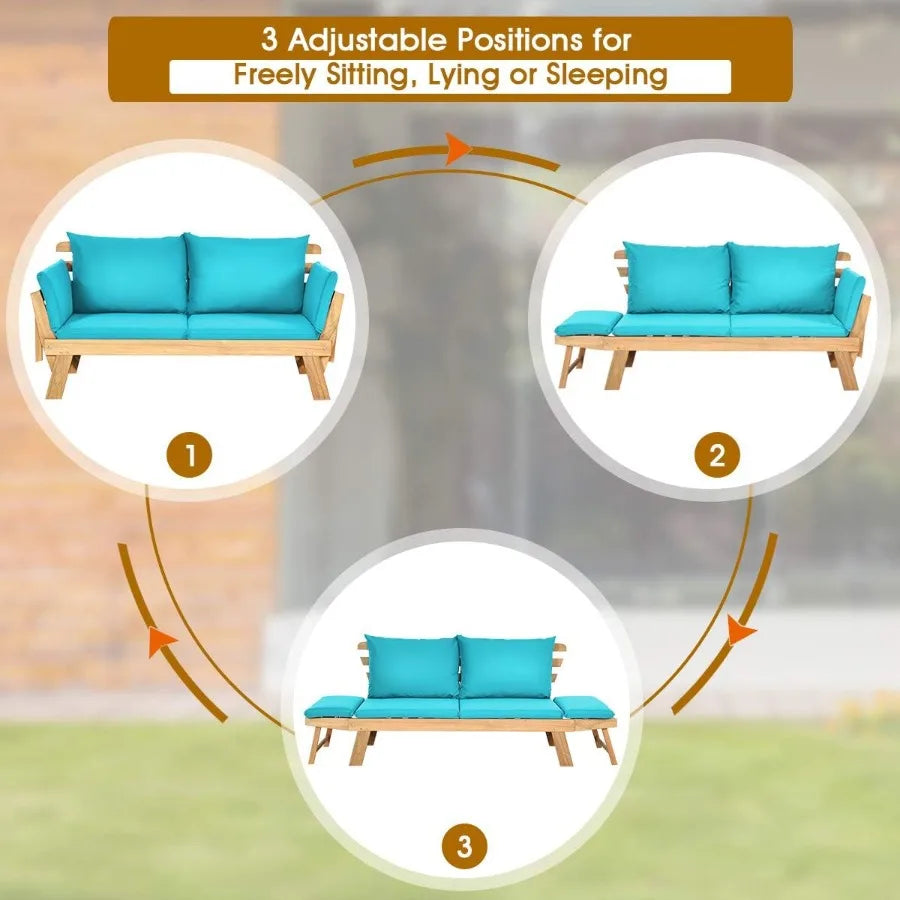 Convertible Acacia Wood Patio Couch Sofa Bed with Adjustable Armrest Outdoor Daybed with Cushion Pillows Outside Folding Futon
