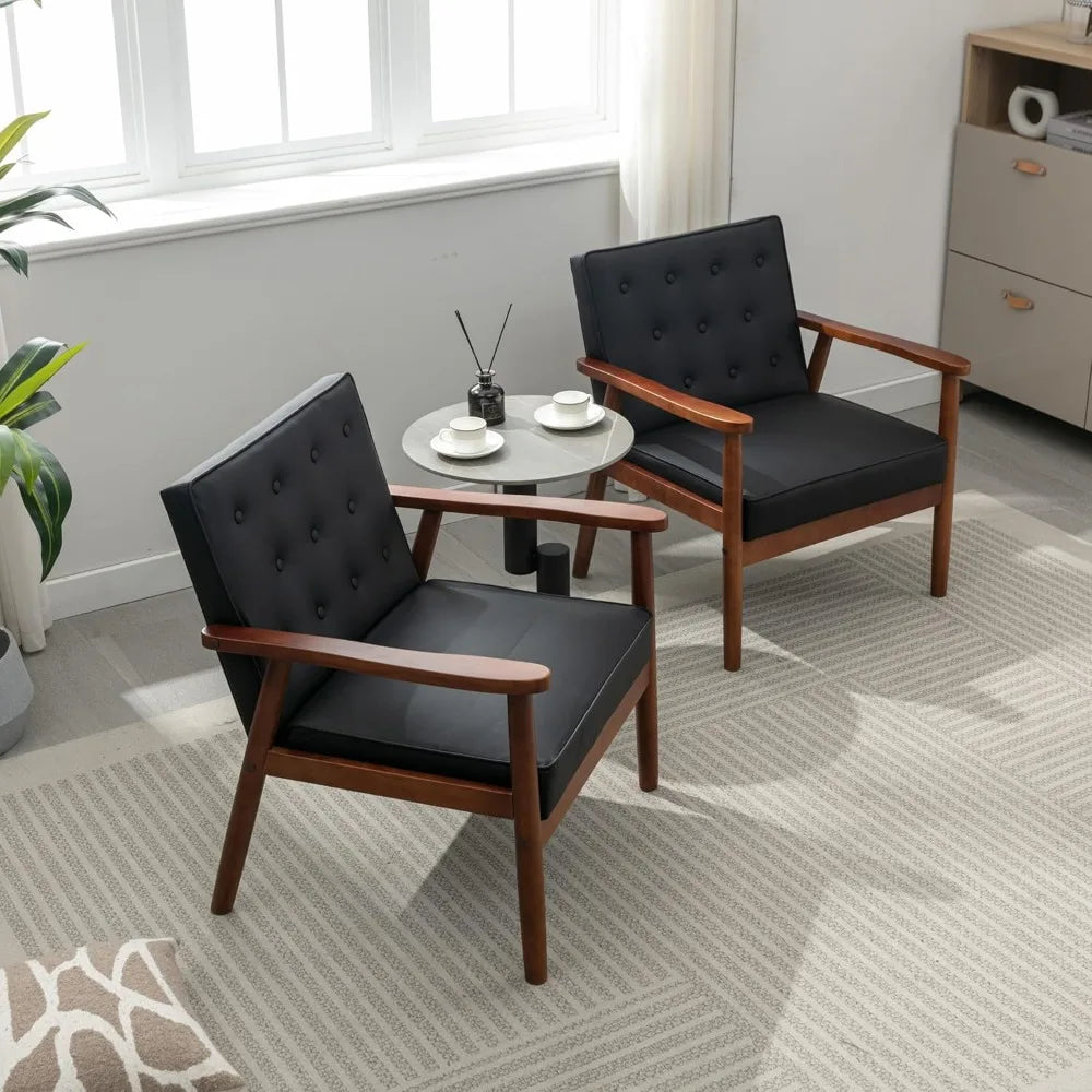 Mid Century Modern Chair, PU Leather Accent Chair Set of 2 with Wood Arms, Living Room Chairs, Reading Armchair for Bedroom, Wa