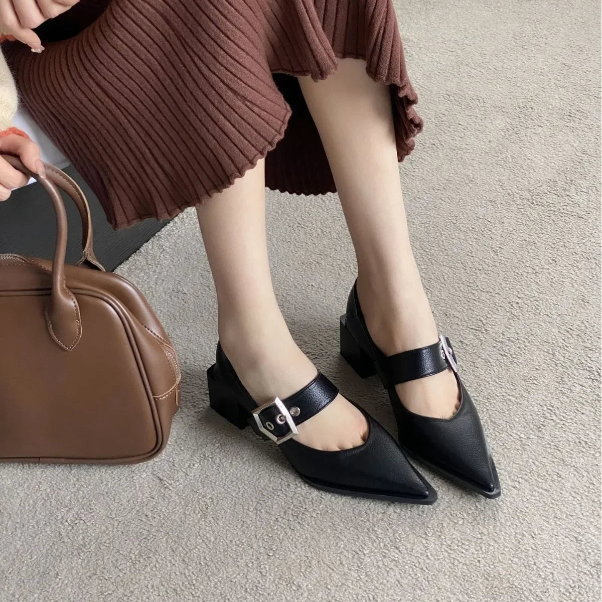 Female New 2024 Footwear Heels Women Pumps Shallow Shoes Pointed Toe Fashion Metal Buckle Strap Ladies Thick Heels Shoes