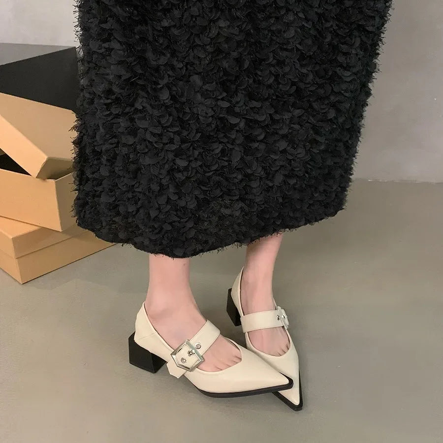 Female New 2024 Footwear Heels Women Pumps Shallow Shoes Pointed Toe Fashion Metal Buckle Strap Ladies Thick Heels Shoes