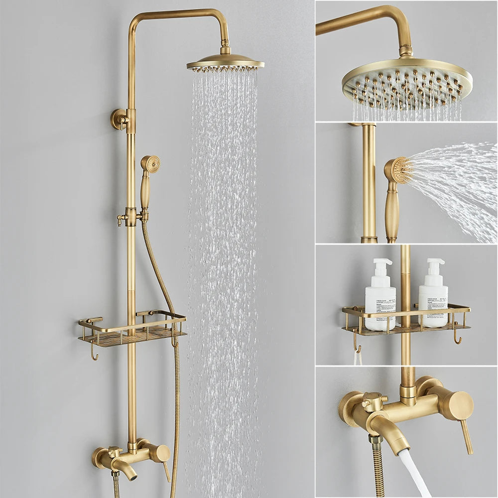 Antique Brass Bathroom Shower Faucet Sets Rainfall Head Wall Mounted Mixer Tap Hot and Cold Taps