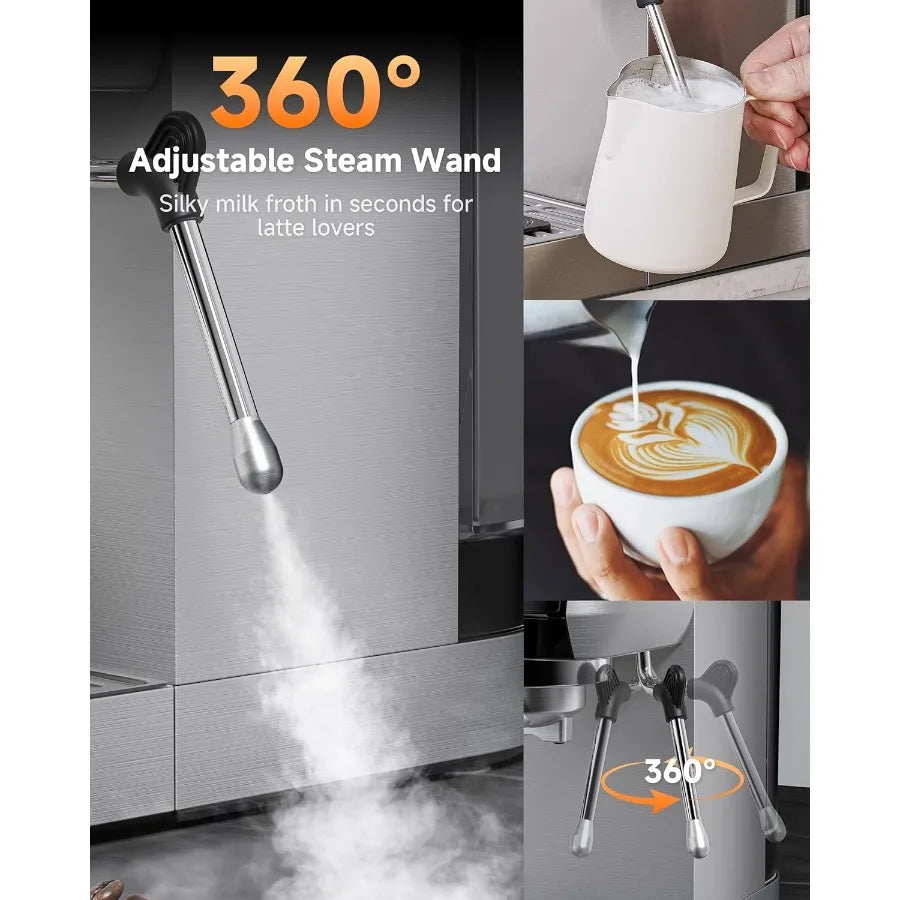 Professional Espresso Machine 20 Bar with Adjustable Temperature Pressure Compact Stainless Steel Coffee Maker Featuring Builti