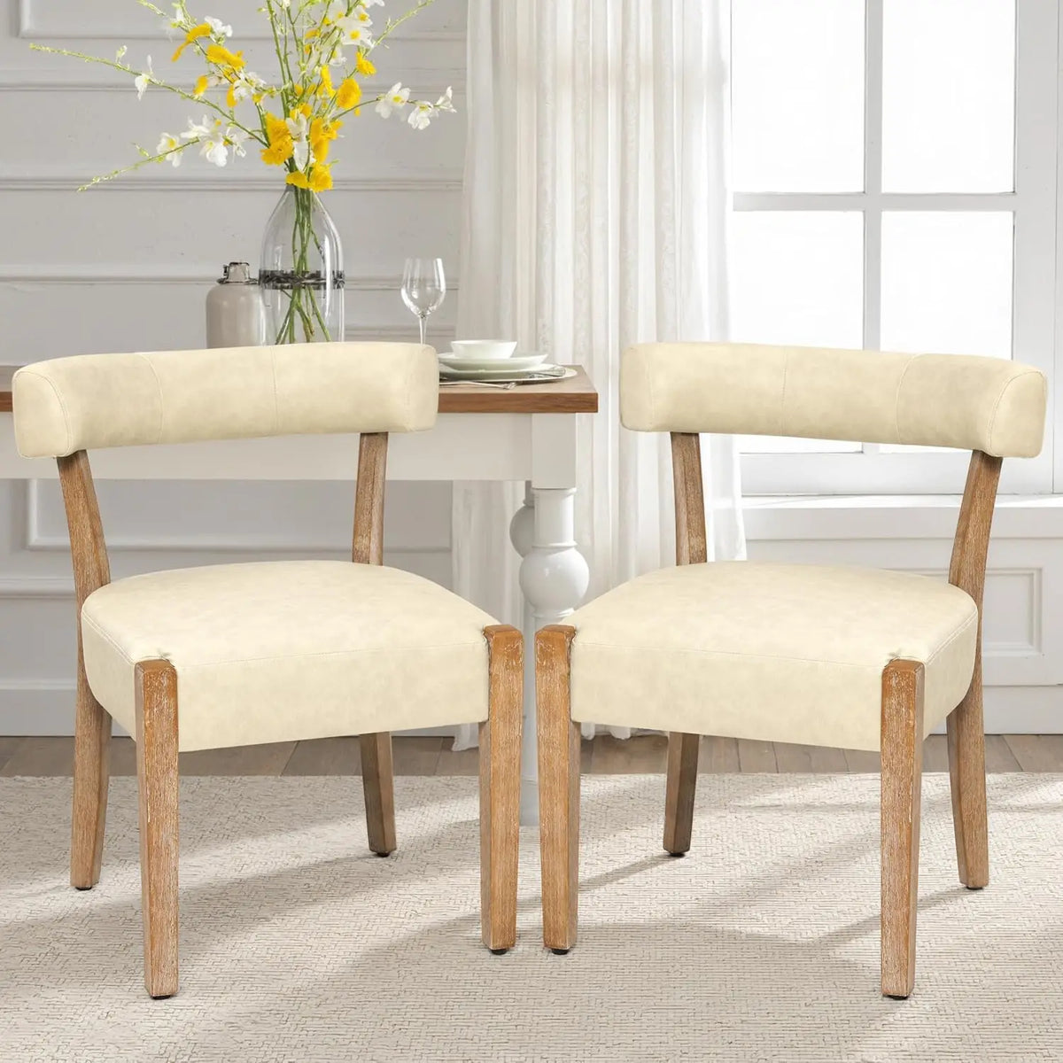 Wooden Dining Chairs Set of2 Upholstered Kitchen&Dining Room Linen Fabric Chairs Mid Century Modern Dining Woven Chairs Low Back