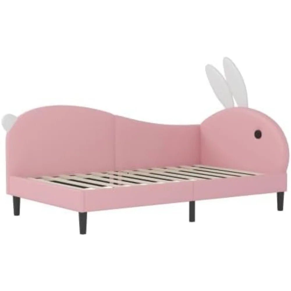 Upholstered Rabbit Ear Headboard Kids Daybed, Full Size Bed Frame for Girls in Pink