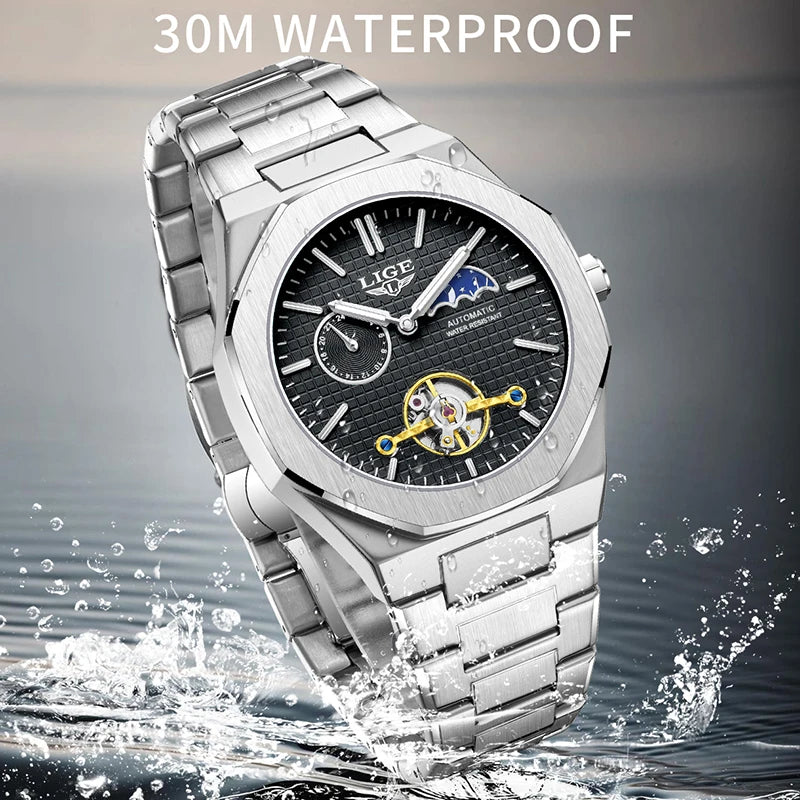 LIGE New Automatic Watches For Men Outdoor Sports Waterproof 24 Hours Moon Phase Watch Men Luxury Men's Mechanical Wristwatch