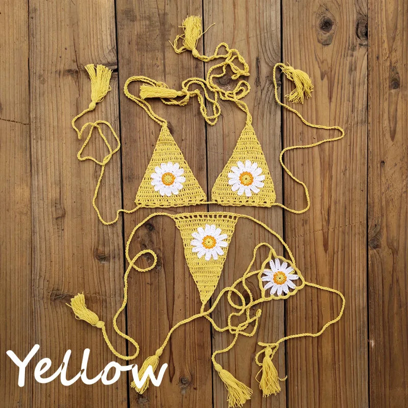 Hand crochet Cottom Thong String Daisy Applique Mini Bikini Swimwear Sunbathing Micro Swimwear