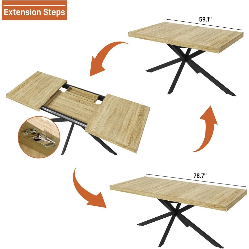59In-78Inch Extendable Rectangular Dining Table for 6 8 People, Wood Long Dining Room Table W/Removable Leaves,Space Saving,Mode