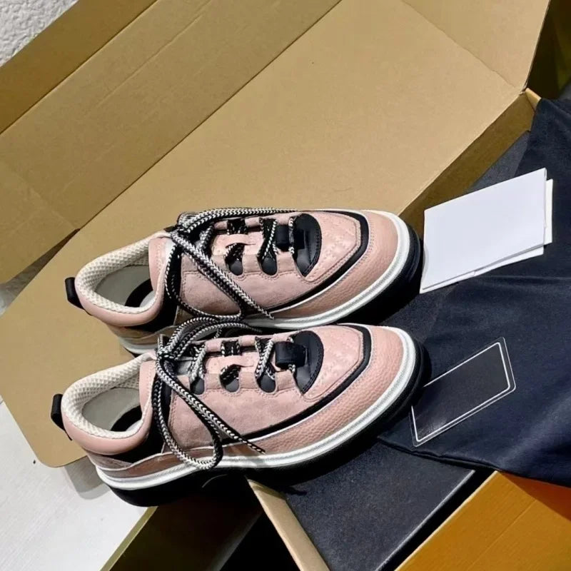 Women's Shoes Round Head Cowhide Color Matching Casual Sports Shoes Diamond Line Lace-up Leather Board Shoes