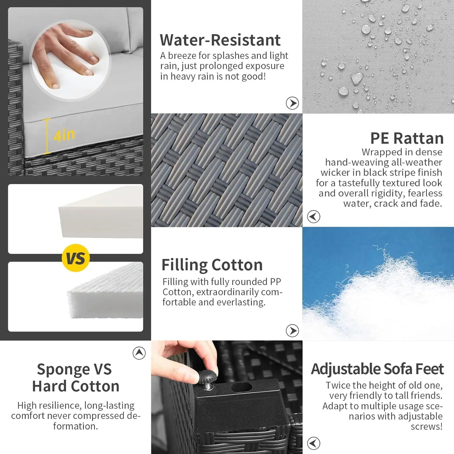 Patio Wicker Furniture Set 6 Pieces Outdoor HDPE Wicker Conversation Couch Sectional Chair Sofa Set with Grey Cushions