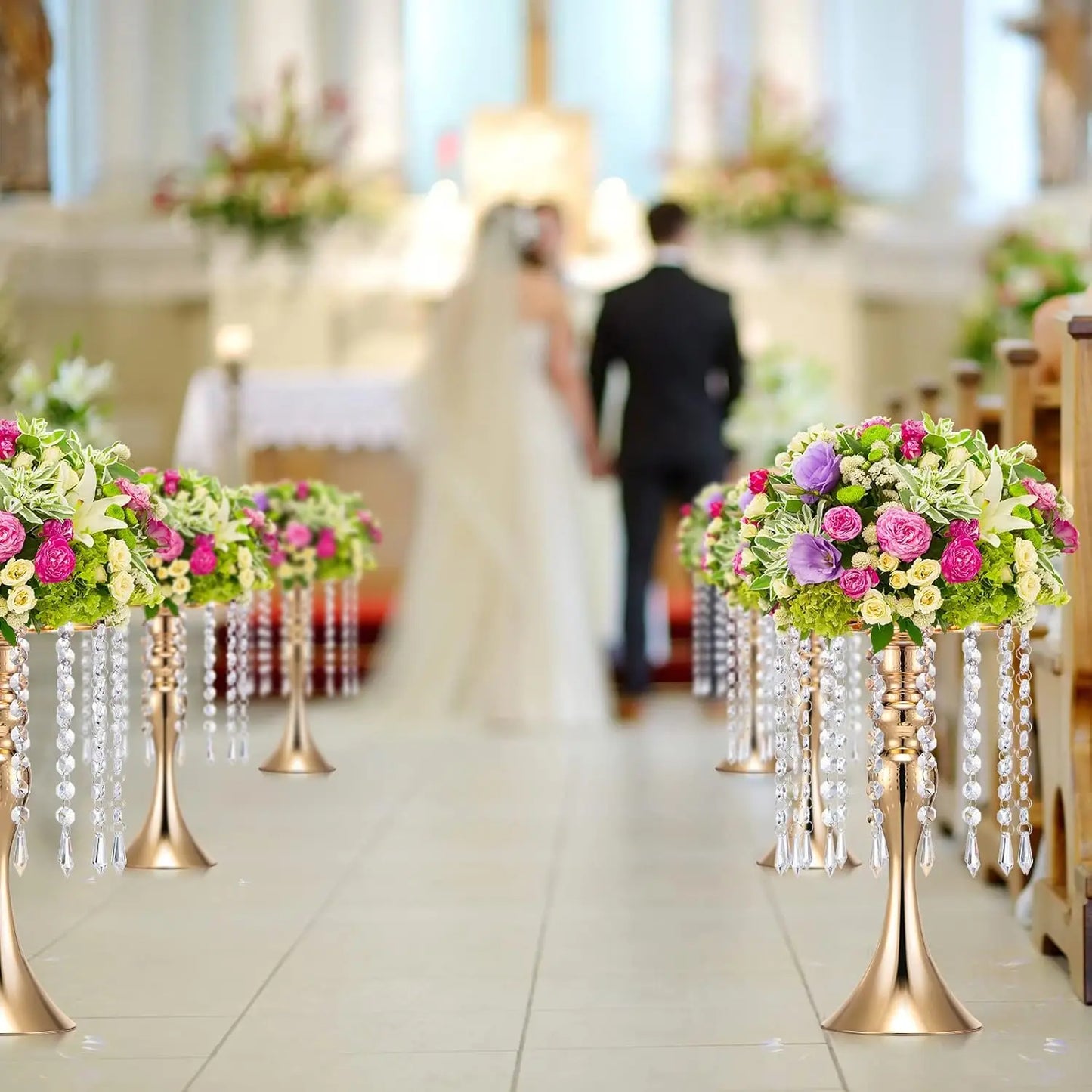4 Pcs Wedding Centerpieces for Tables 13 Inch Tall Crystal Flower Stand Floral Vases for Gift Baptism Party Decor (Gold)