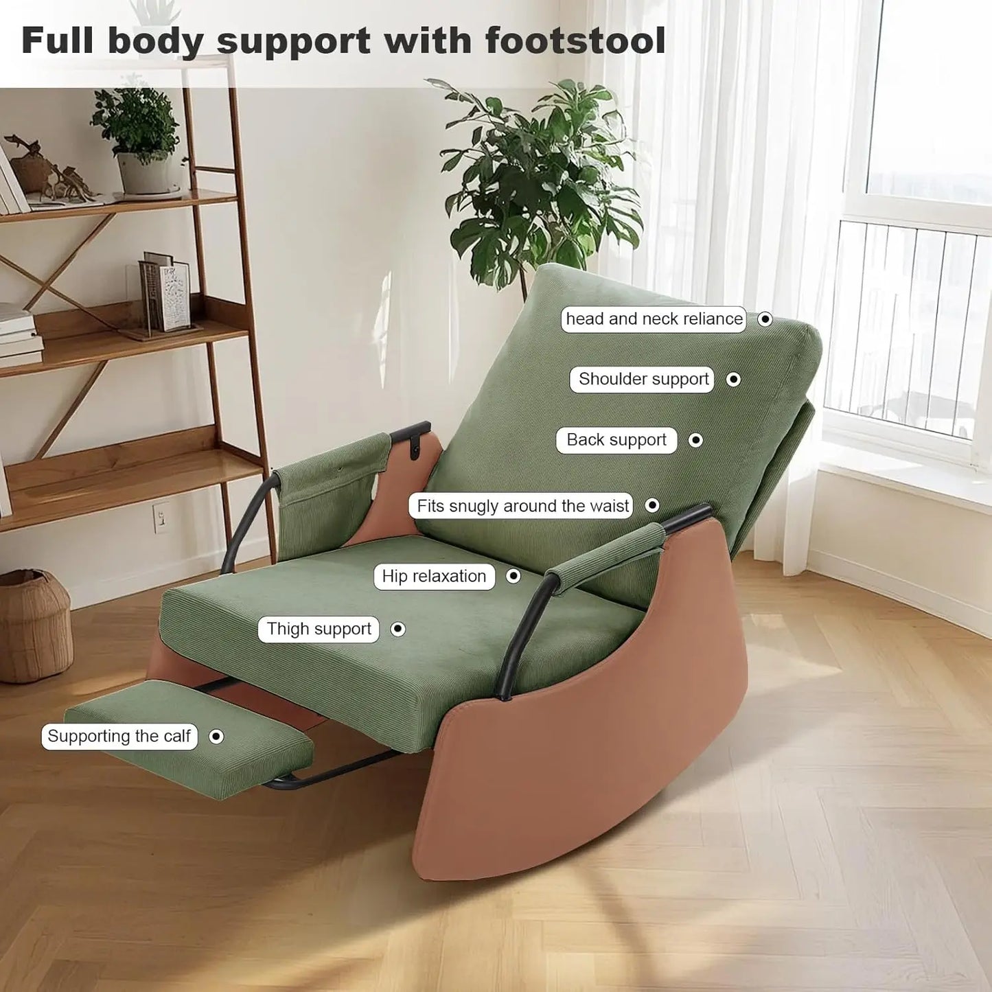 Upholstered Nursery Rocking Chair with High Backrest Side Pocket Gliding Iron Frame Rocking Chair with Footrest for Living Room
