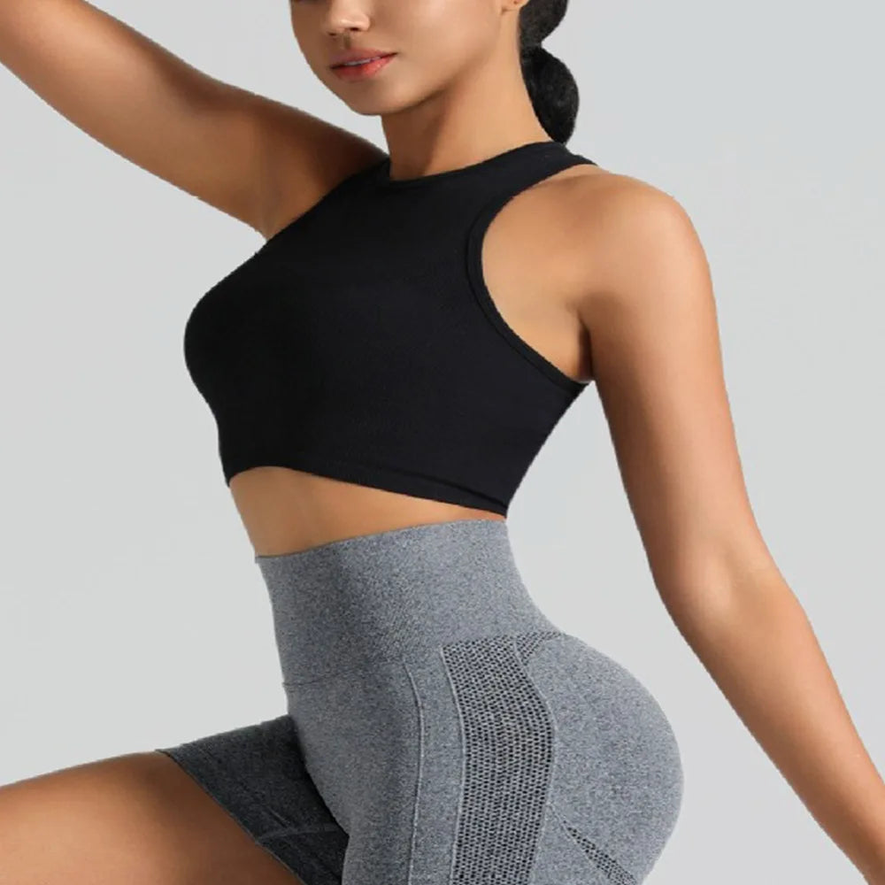Yoga Vest Women Gym Sports Black White Crop Tops Seamless Streetwear Rib Knit Workout BreathableTank Top Female Without Pads
