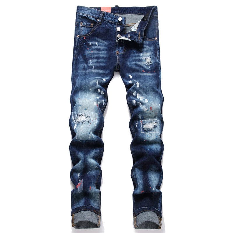 Streetwear Style Italian Men Blue Holes Denim Jeans Trousers Ripped Denim Long Pants High Quality Male Slim Denim Jeans Size 42