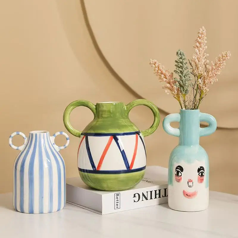 Dual Handles Ceramic Vase Modern Bohemian Home Decor Hand-Painted Vases for Flowers Living Room Decoration Weddings Parties
