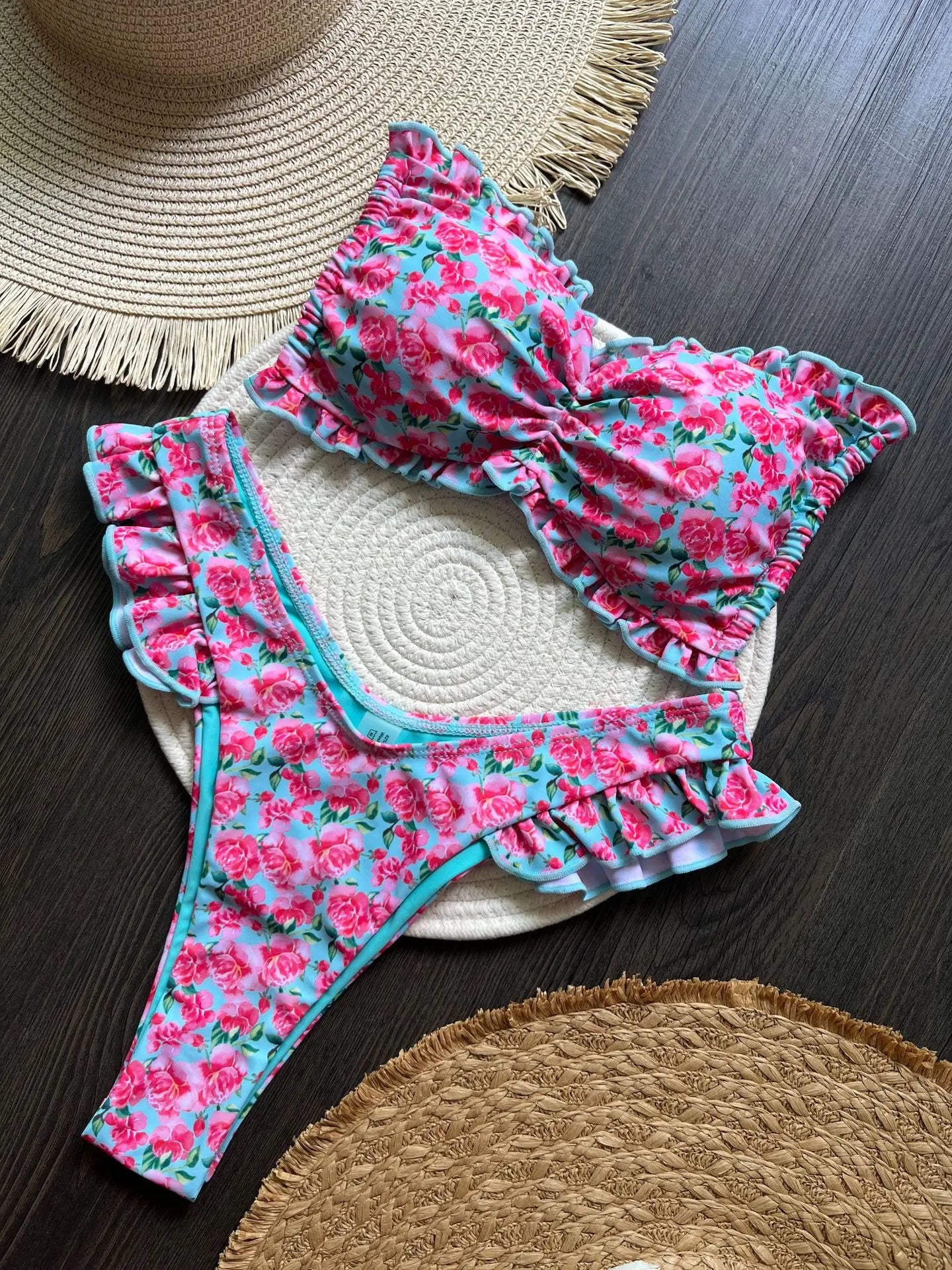 Sexy Print Strapless Bikinis 2 Piece Set Women Split Swimsuit High Waist Backless Laced Up Bikinis 2025 New Summer Bikinis Set