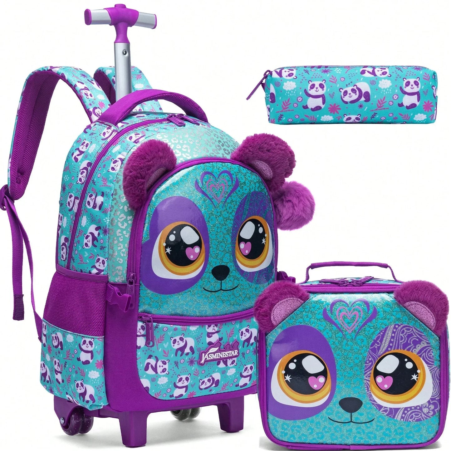 Kids Rolling Backpack with Wheels Durable School Travel Luggage for Girl Lightweight Carry-On Trolley Bag with Adjustable Handle