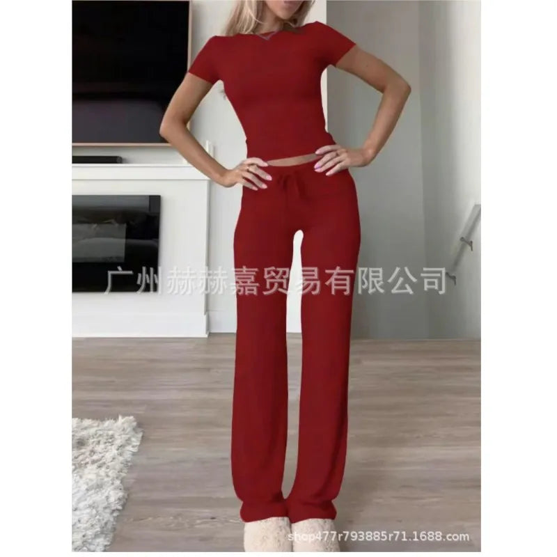 Spring Women's Two-piece Set 2025 New Casual Suit Short Sleeved Slim Fit Top Long Pants Home Wear Sportswear Yoga Wear For Women