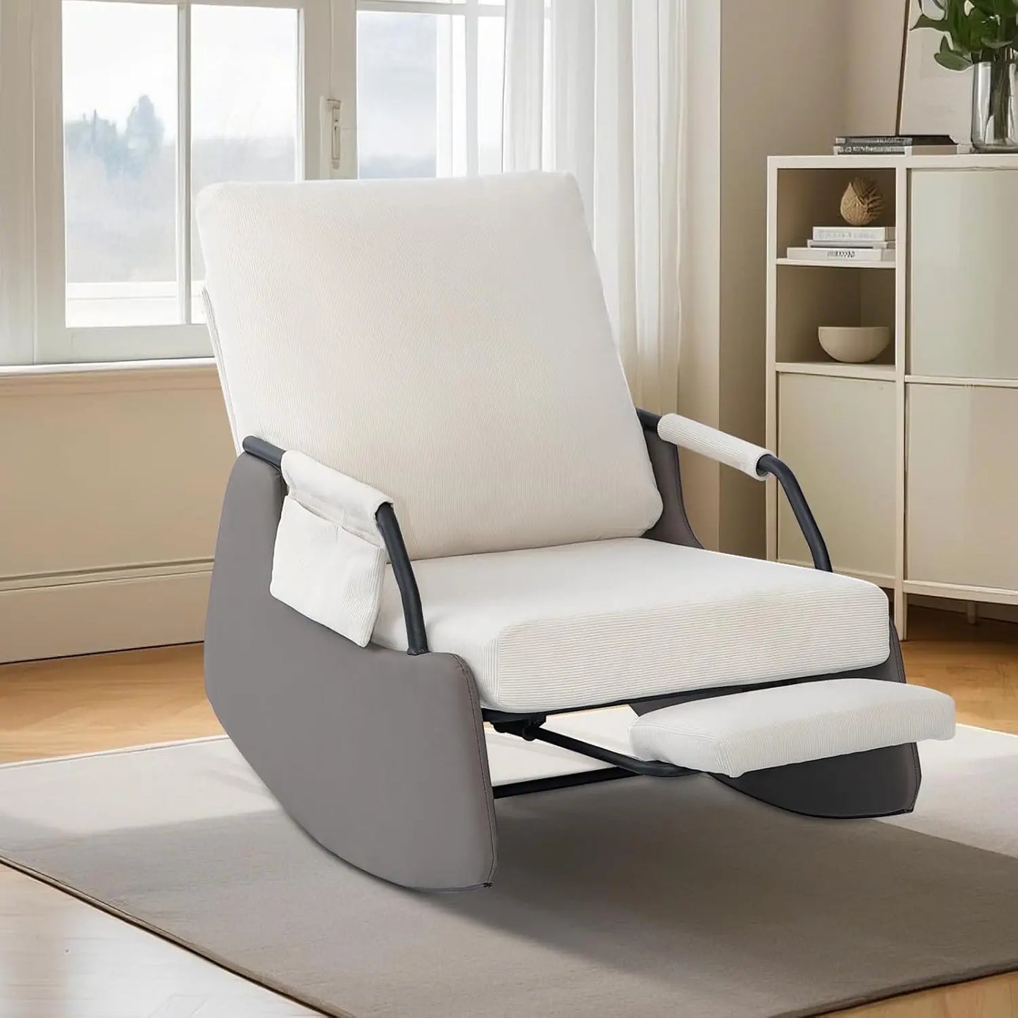 Rocking Recliner Chair Modern Sofa Chairs Upholstered Plush Seating Glider Recliner Chair with Side Pocket 3 Levels Adjustment