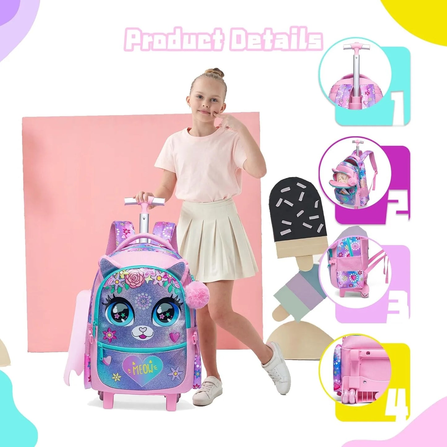 Kids Rolling Backpack with Wheels Durable School Travel Luggage for Girl Lightweight Carry-On Trolley Bag with Adjustable Handle