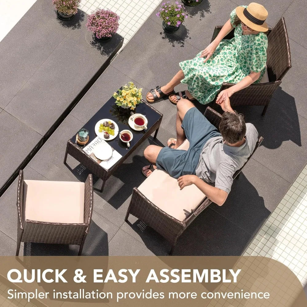 4 Pieces Outdoor Patio Furniture Set, PE Rattan Wicker Chairs Balcony Lawn Porch Patio Furniture Sets with Beige Cushion