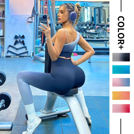 New Gradient Hanging Dye Tie Dye Sets Sexy Yoga Bra Strap High Waist Lifting Hip Seamless Yoga Pants 2piece Outdoors Fitness Set