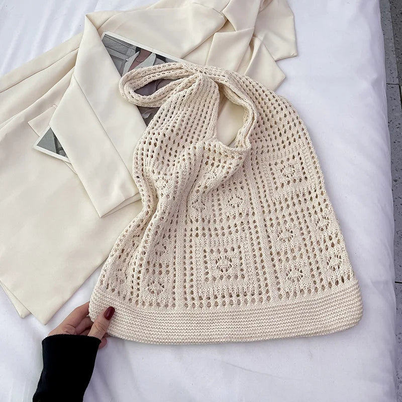 Women'S Shopping Bag Vintage Knitted Shoulder Bag Handmade Crochet Bag Slouchy Hollow Out Handbag For Shopping Women'S Casual