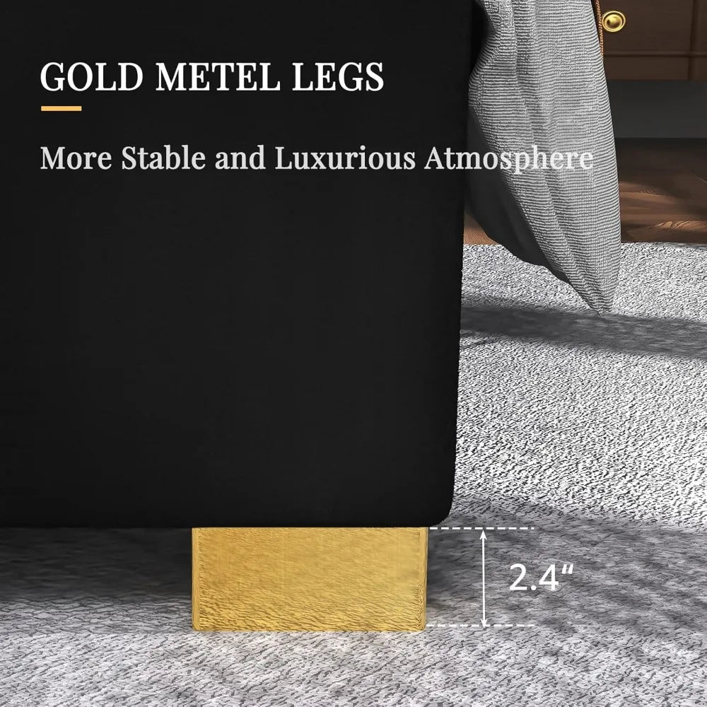Albott Queen Size Platform Bed Frame, 61.4 Velvet Upholstered Bed with Gold Trim Headboard/Wooden Slats/No Box Spring Needed/Bla
