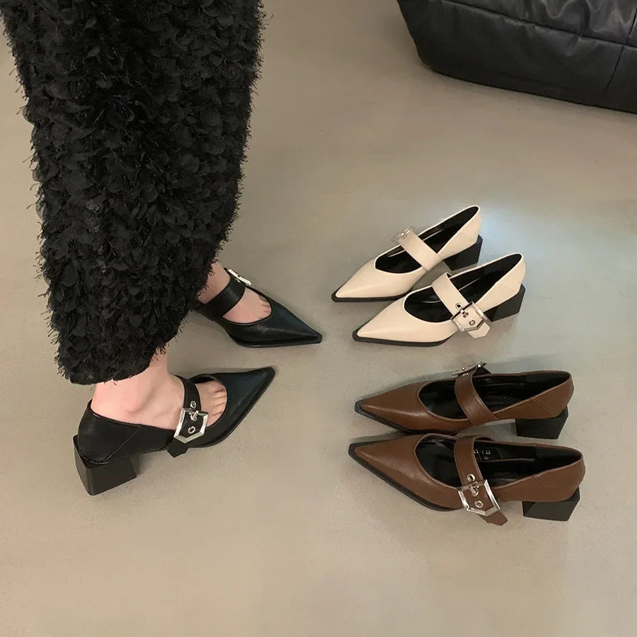 Female New 2024 Footwear Heels Women Pumps Shallow Shoes Pointed Toe Fashion Metal Buckle Strap Ladies Thick Heels Shoes