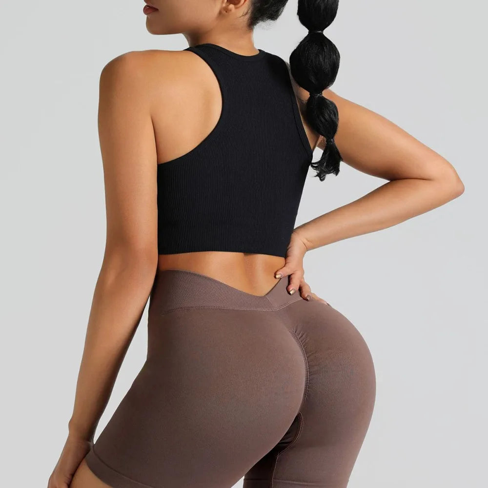 Yoga Vest Women Gym Sports Black White Crop Tops Seamless Streetwear Rib Knit Workout BreathableTank Top Female Without Pads