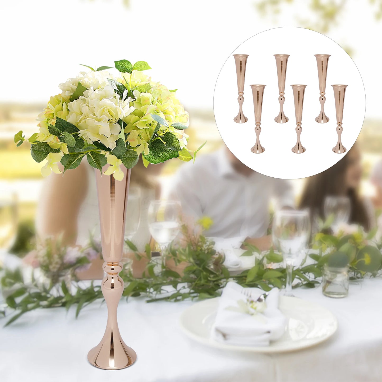 6Pcs Metal Trumpet Vases Desktop Metal Trumpet Centerpieces Vase Welcome Area Road Guide Flower Holder Height Wedding Props