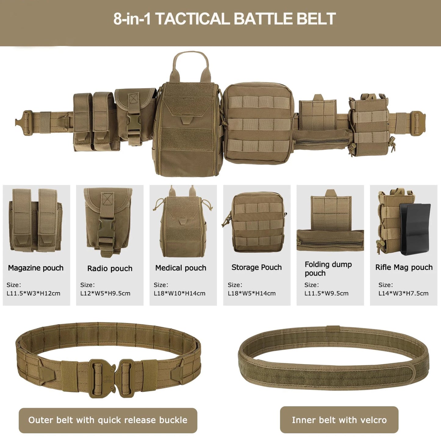 8-in-1 Hunting Tactical Battle Belt with Accessories Tactical Combat Belt Quick Release Rigger Belt Heavy Duty Belts 8 Pcs