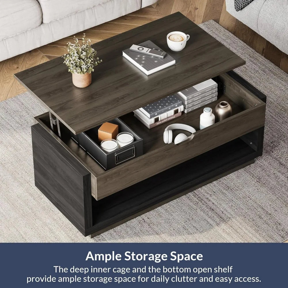 Coffee Table, Lift Top Coffee Table with Hidden Compartment and Open Storage Shelf, Central Table for Living Room, Home Office