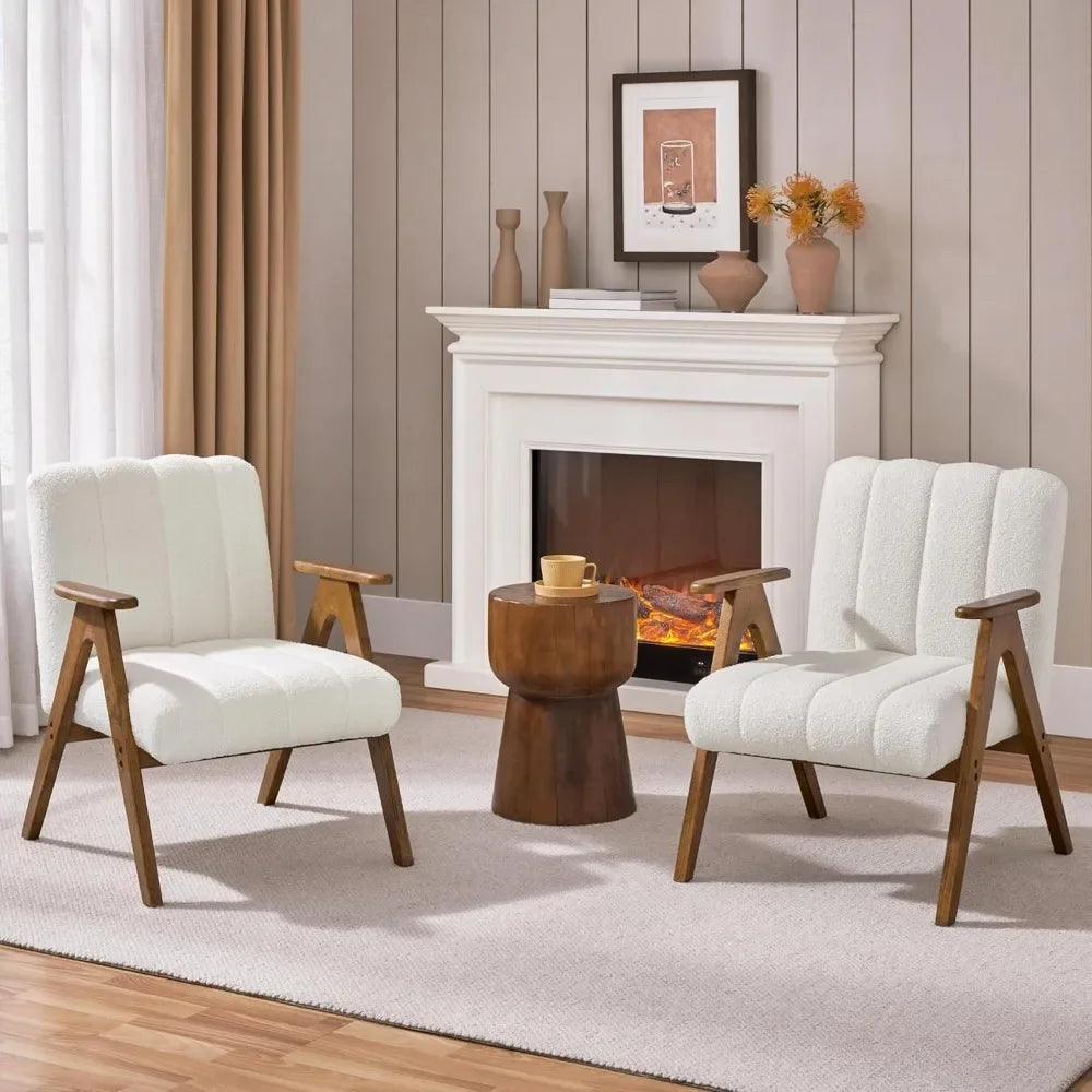Boucle Fabric Mid Century Accent Chair Set of 2, Modern Upholstered Living Room Chairs with Solid Wood Legs