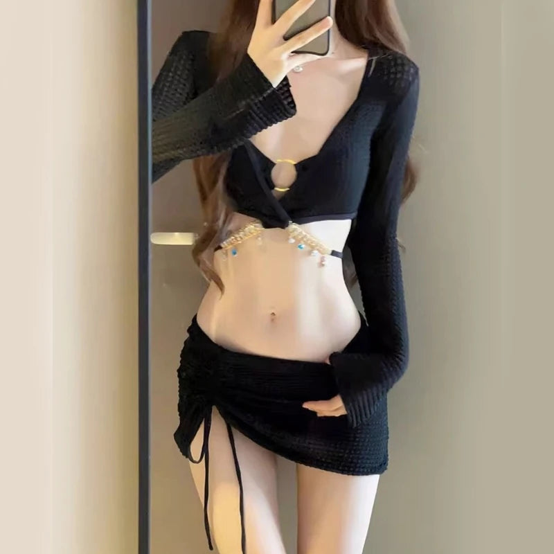 Women 4 Piece Swimsuits Triangle O Rings Bikinis Sets Bathing Suit with Cover Up Beach Wrap Skirt and Long Sleeve Crop Tops