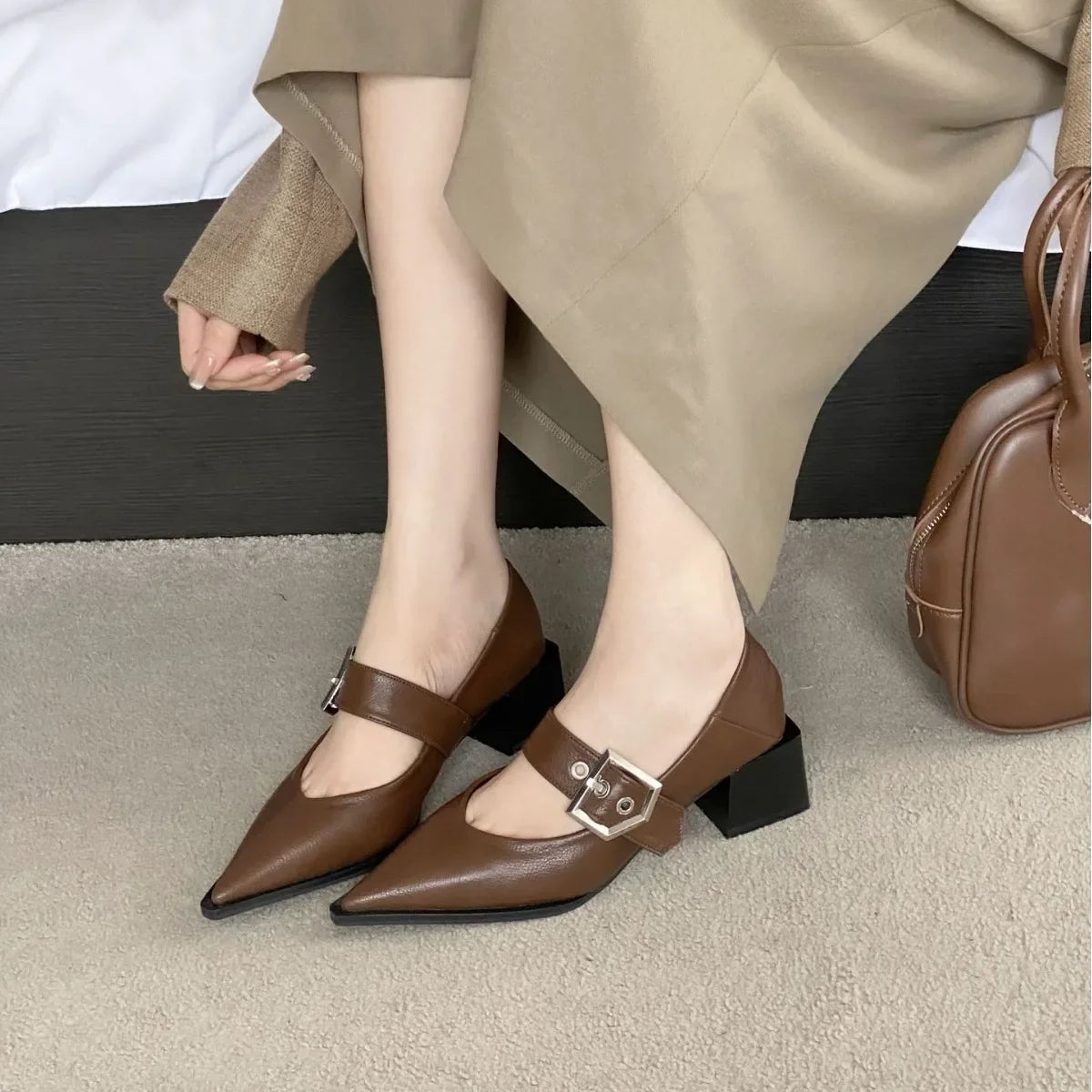 Female New 2024 Footwear Heels Women Pumps Shallow Shoes Pointed Toe Fashion Metal Buckle Strap Ladies Thick Heels Shoes