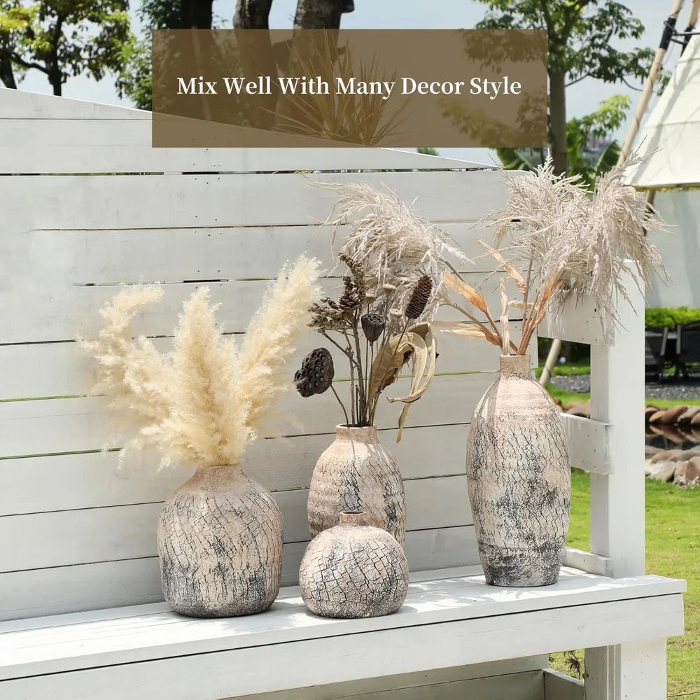 Large 18 Inch Beige Textured Handmade Vase for Modern Farmhouse and Living Room Decor, Ideal for Pampas Grass