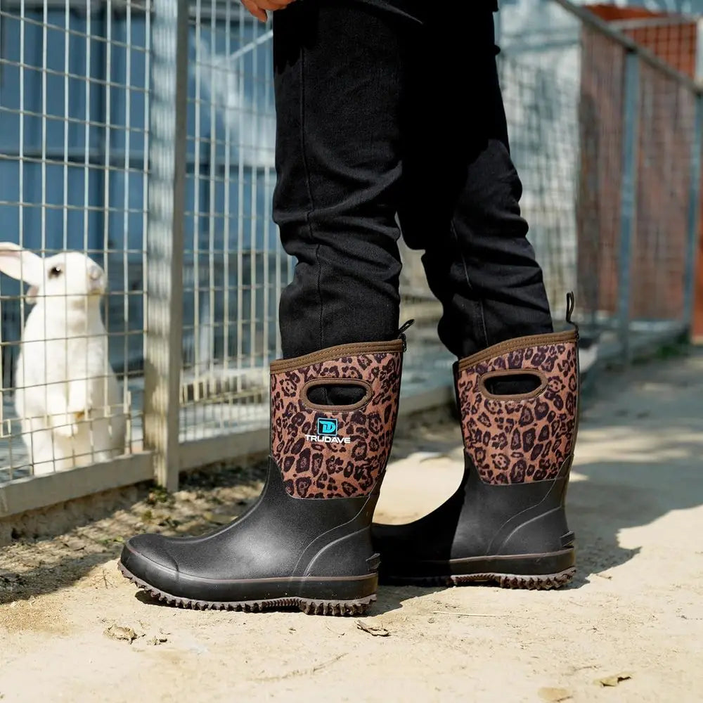 Trudave Rubber Boots for Women, Mid Calf Rain Boots, Womens Waterproof Boots, Neoprene Insulated Outdoor Work Mud Boots for Hunt