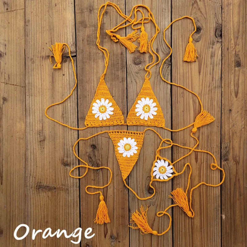 Hand crochet Cottom Thong String Daisy Applique Mini Bikini Swimwear Sunbathing Micro Swimwear